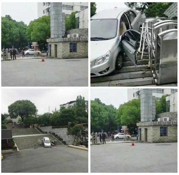 長沙一小車在湖南師大附中校門倒車
