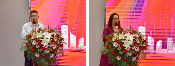 廈門市安全技術(shù)防范協(xié)會秘書長劉斐（左）、廈門市物聯(lián)網(wǎng)行業(yè)協(xié)會執(zhí)行秘書長雷婕（右）在會上致辭