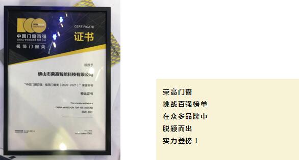 祝賀榮高門窗榮膺“2020-2021中國(guó)門窗百?gòu)?qiáng)?極簡(jiǎn)門窗類”榮譽(yù)稱號(hào)