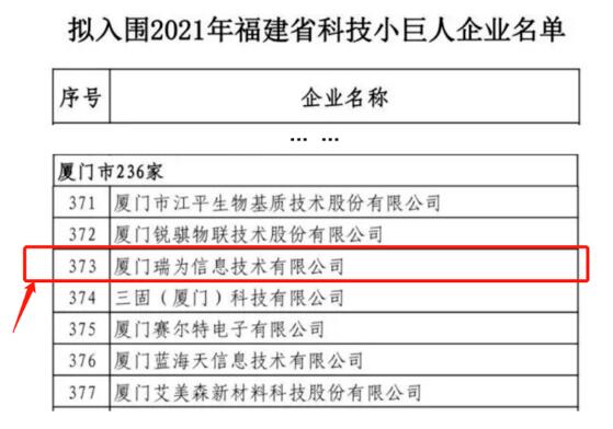 贊！瑞為技術(shù)入圍2021福建省科技小巨人企業(yè)名單