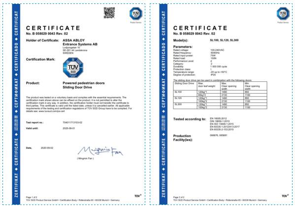 SL300自動(dòng)平滑門通過率TüV認(rèn)證的產(chǎn)品標(biāo)準(zhǔn)檢測