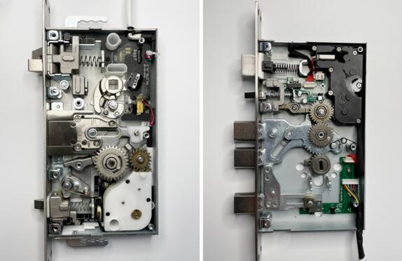 左側(cè)為其他全自動(dòng)鎖體，右側(cè)為亞太天能全自動(dòng)鎖體